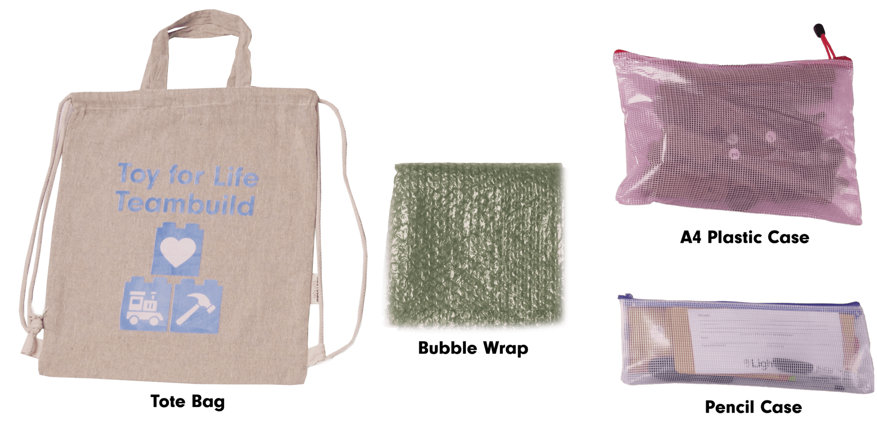 A tote bag, bubble wrap, A4 plastic case and Pencil Case