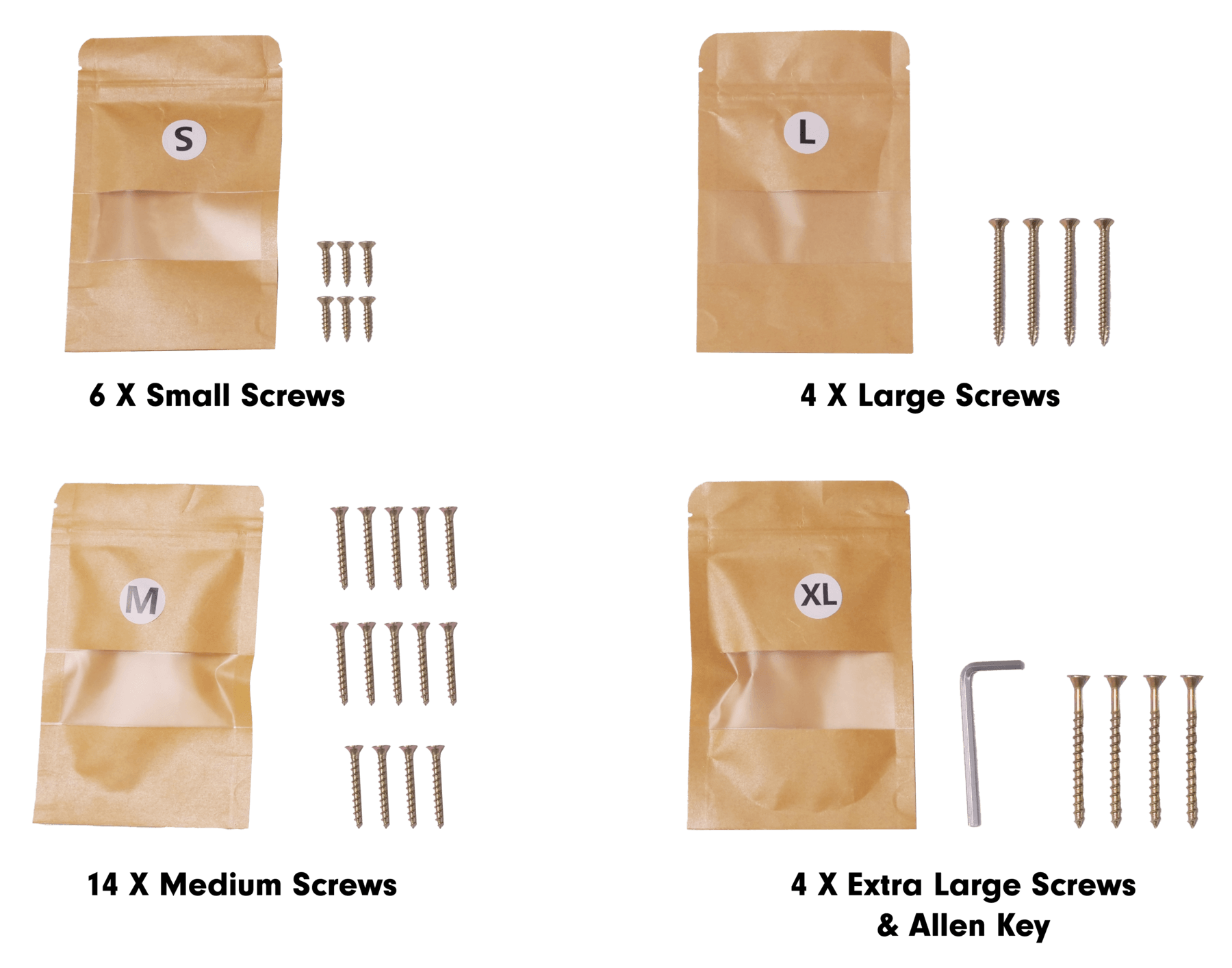 Inventory of size and quantity of screws needed for the build. 