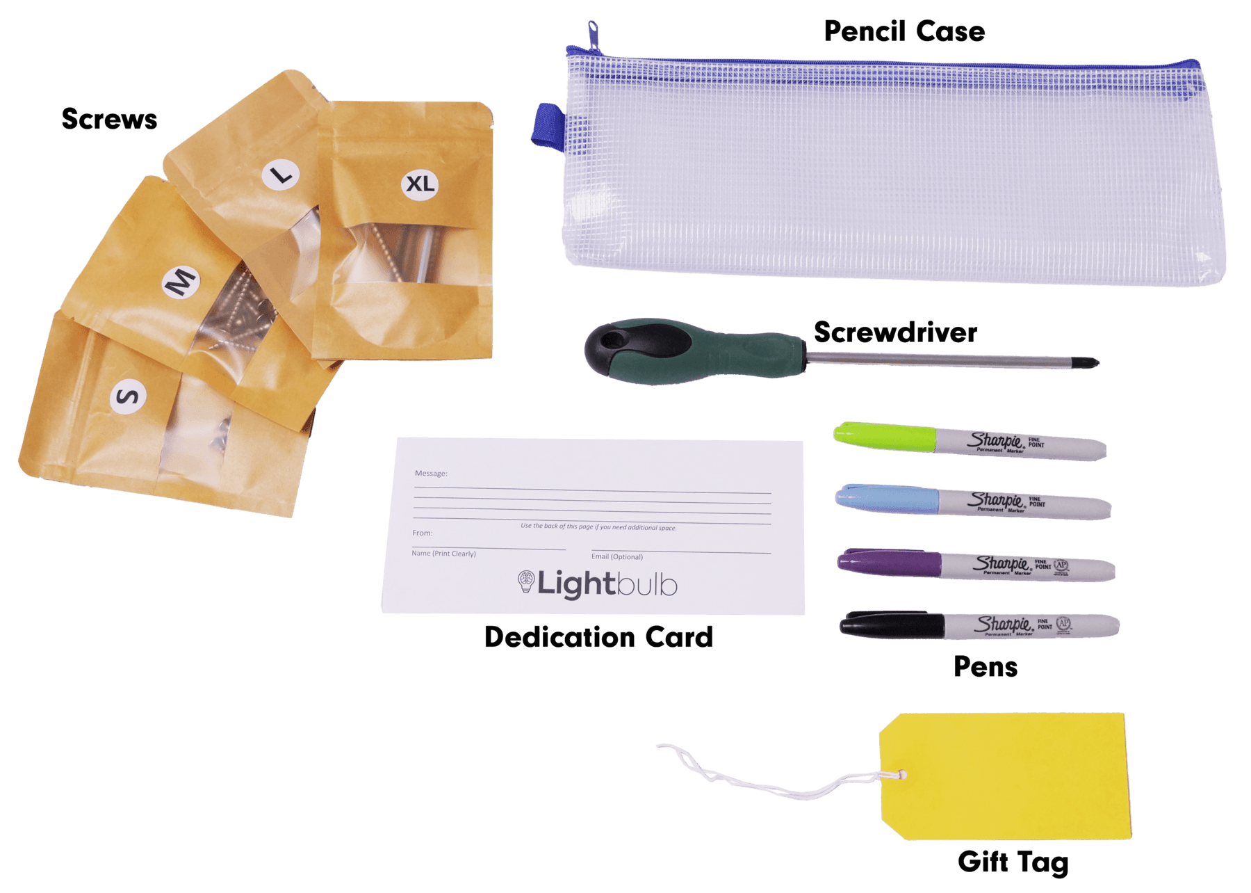 All of the items included in your Pencil Case, including: screws, screwdriver, pens, gift tag and dedication card